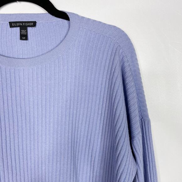 Eileen Fisher Small S Light Blue Ribbed Knit Wool Blend Long Sleeve Boxy Sweater - Picture 3 of 6